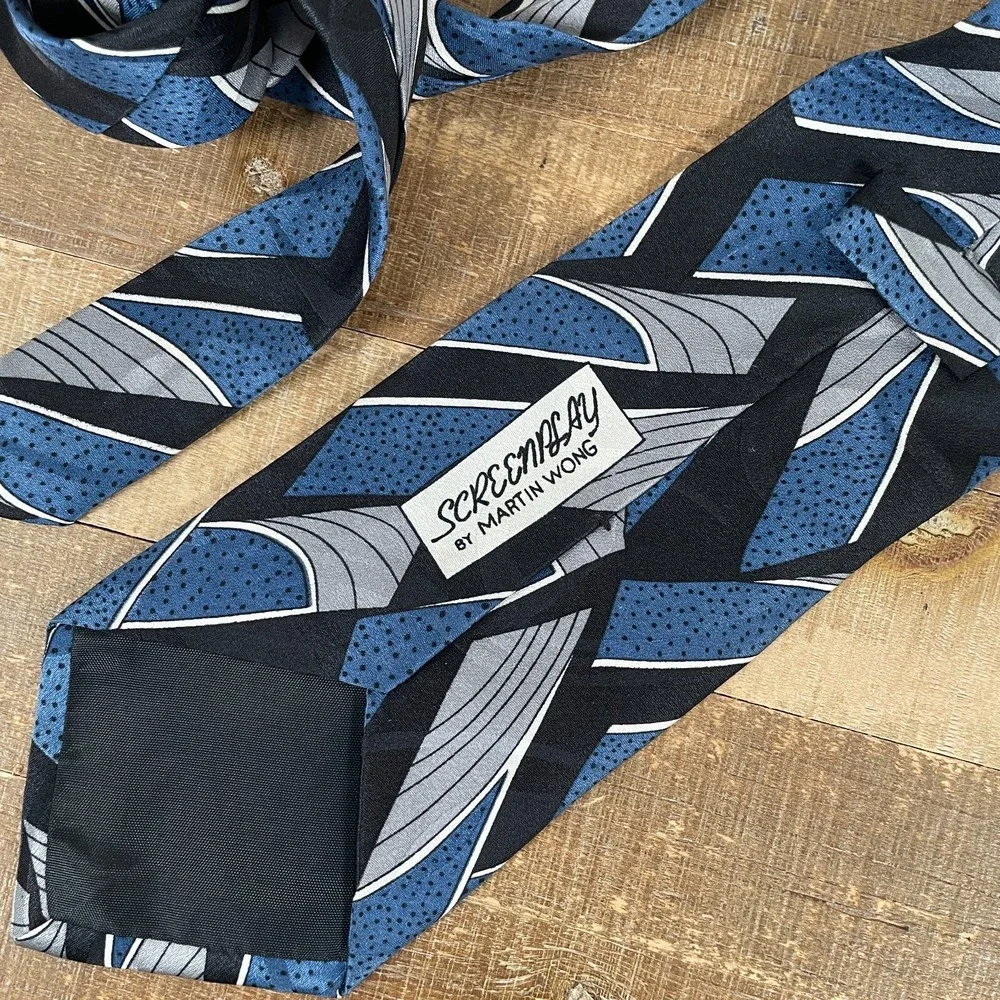 SCREENPLAY by Martin Wong Neck Tie All Silk Blue‎ Geometric Abstract USA